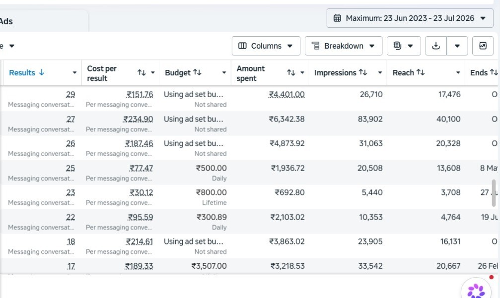 Meta Ads Manager campaign results — active e-commerce account